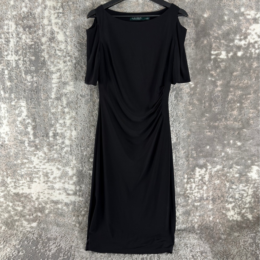 Lauren Ralph Lauren Size 8 Cold Shoulder Ruched Sheath Dress Black Short Sleeve